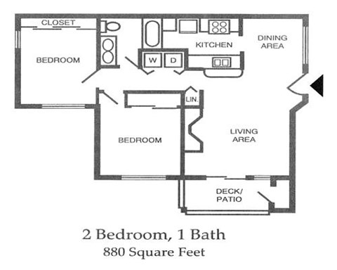 A black and white image of a floor plan for a 2 bedroom, 1 bath house.